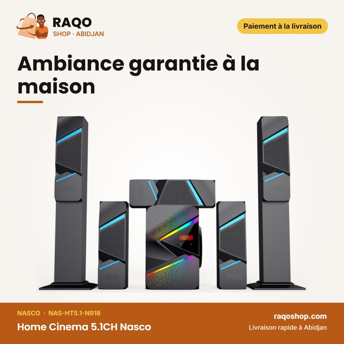 Home Cinema 5.1CH Nasco – 45W Caisson de BASSE+10WX5 Haut-Parl. – Telec. | NAS-HT5.1-N918