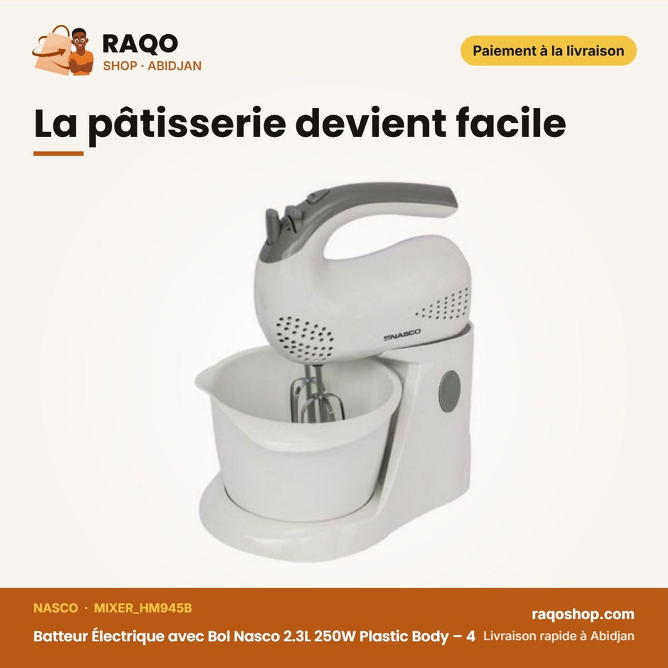 Batteur Électrique avec Bol Nasco 2.3L 250W Plastic Body – 4 | MIXER_HM945B