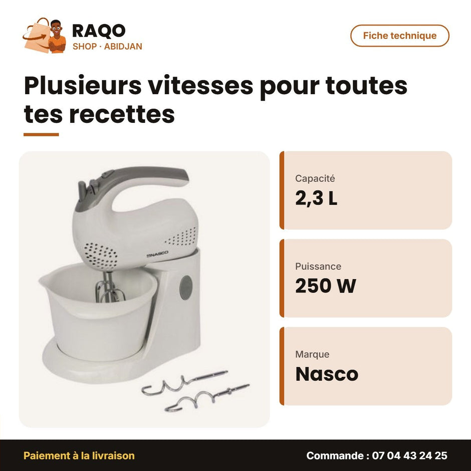 Batteur Électrique avec Bol Nasco 2.3L 250W Plastic Body – 4 | MIXER_HM945B