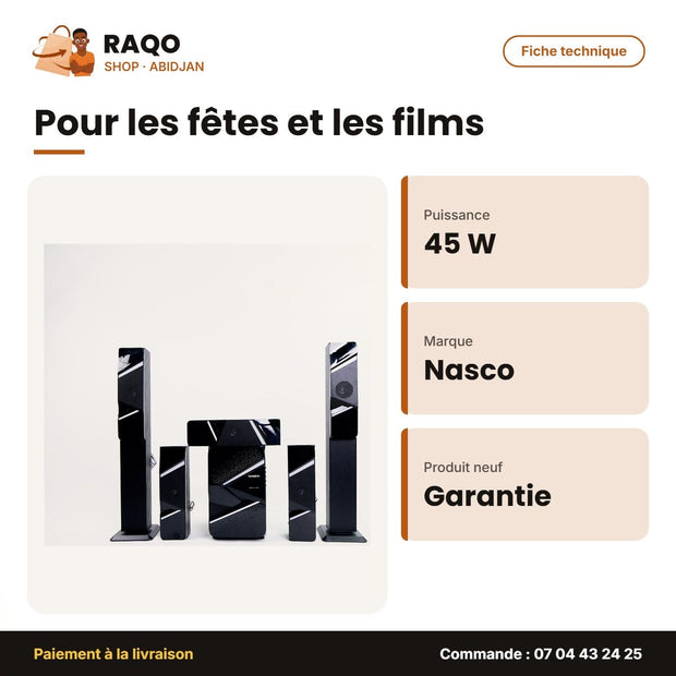 Home Cinema 5.1CH Nasco – 45W Caisson de BASSE+10WX5 Haut-Parl. – Telec. | NAS-HT5.1-N918