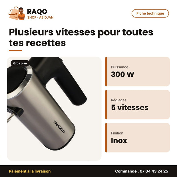Batteur Électrique Nasco – 5 Vitesses – Acier Inox-Noir – 300W | HM1406A-CB