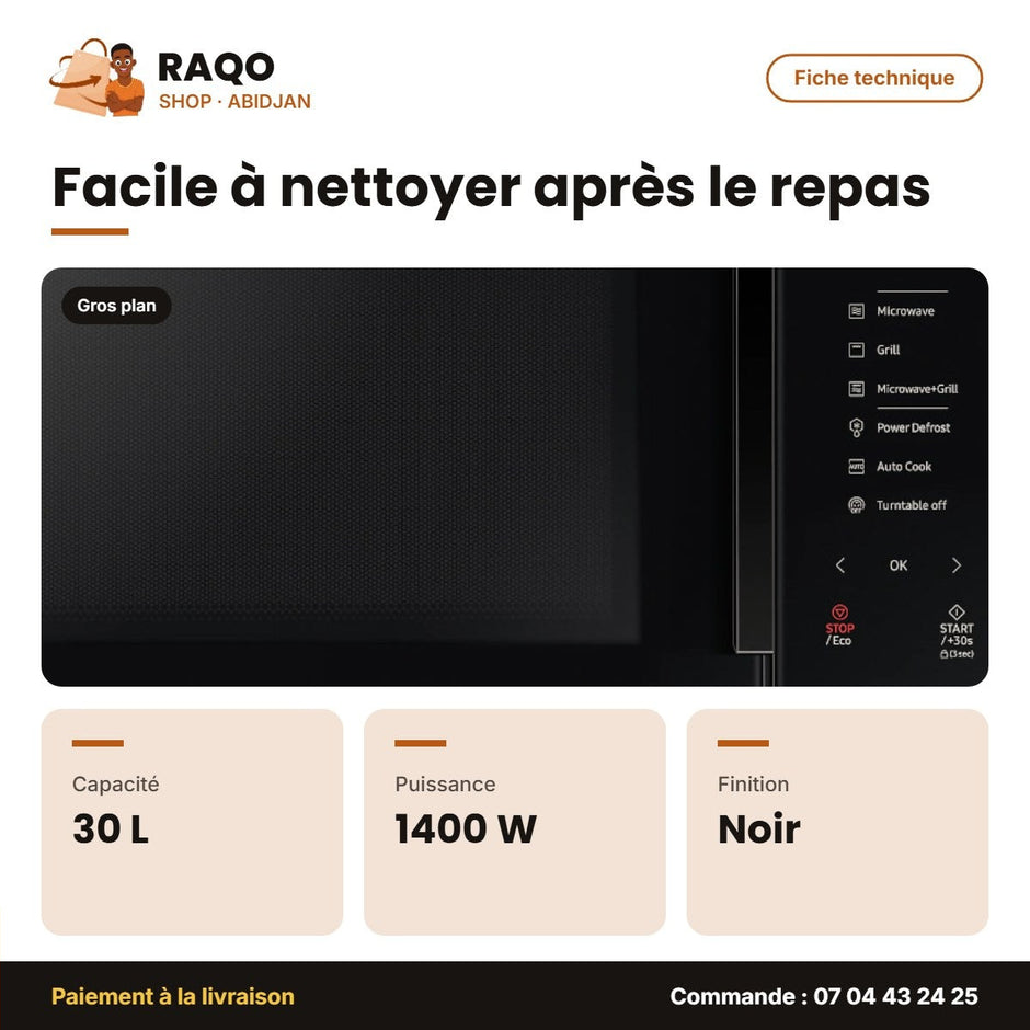 Four à Micro-Ondes Samsung Grill 30L-1400W – Noir – 230V-50HZ | MG30T5018AK/EF