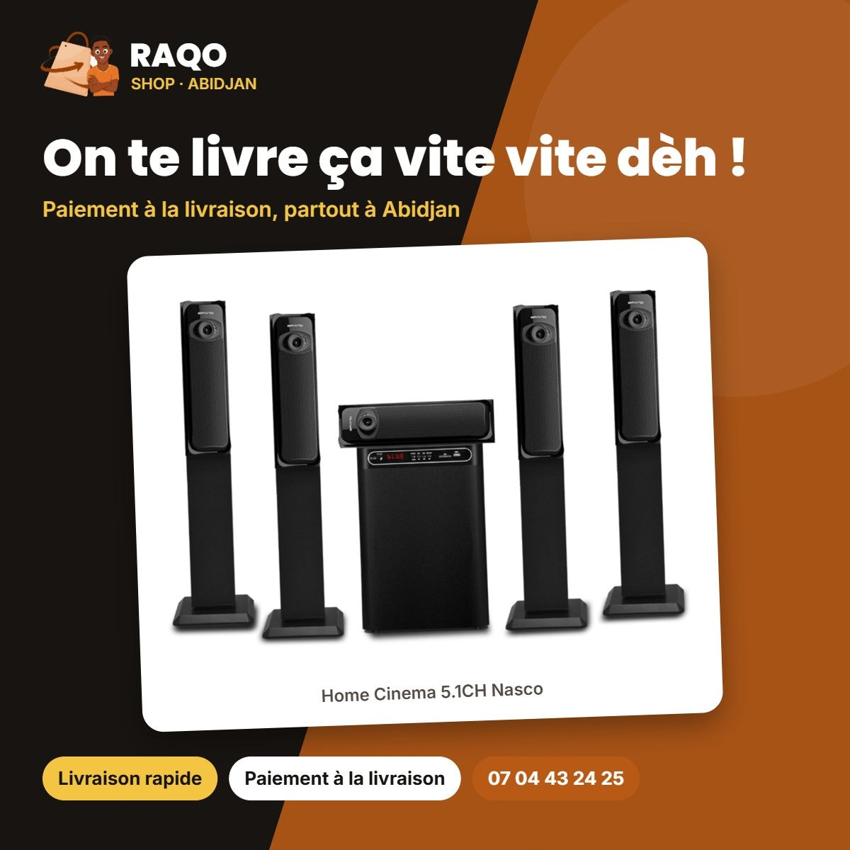 Home Cinema 5.1CH Nasco – 45W Caisson de BASSE+10W X5 Haut-Parl. – Telec | NAS-HT5.1-N2410