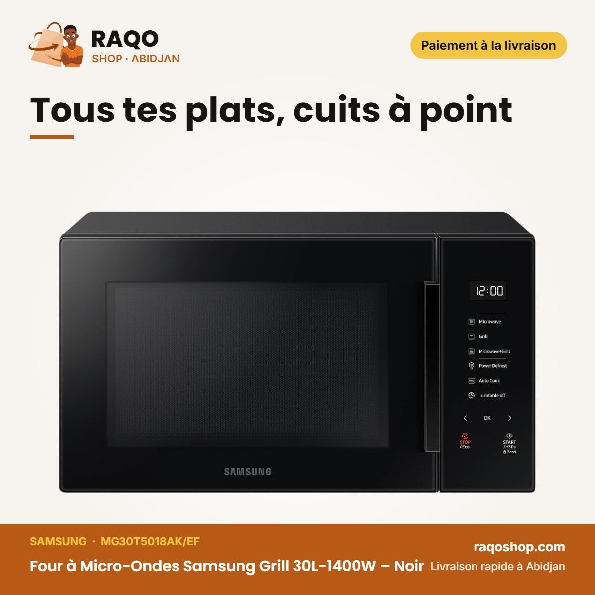Four à Micro-Ondes Samsung Grill 30L-1400W – Noir – 230V-50HZ | MG30T5018AK/EF