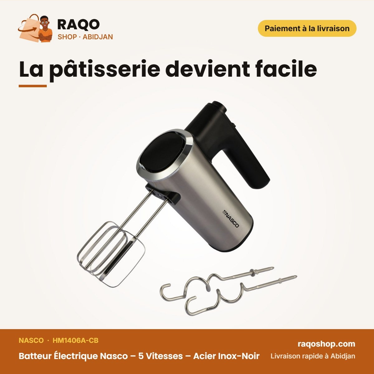 Batteur Électrique Nasco – 5 Vitesses – Acier Inox-Noir – 300W | HM1406A-CB