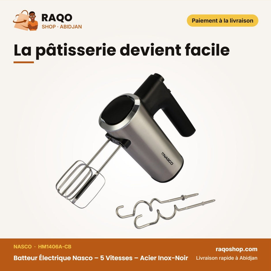 Batteur Électrique Nasco – 5 Vitesses – Acier Inox-Noir – 300W | HM1406A-CB