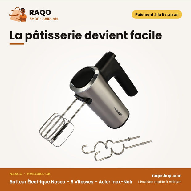 Batteur Électrique Nasco – 5 Vitesses – Acier Inox-Noir – 300W | HM1406A-CB