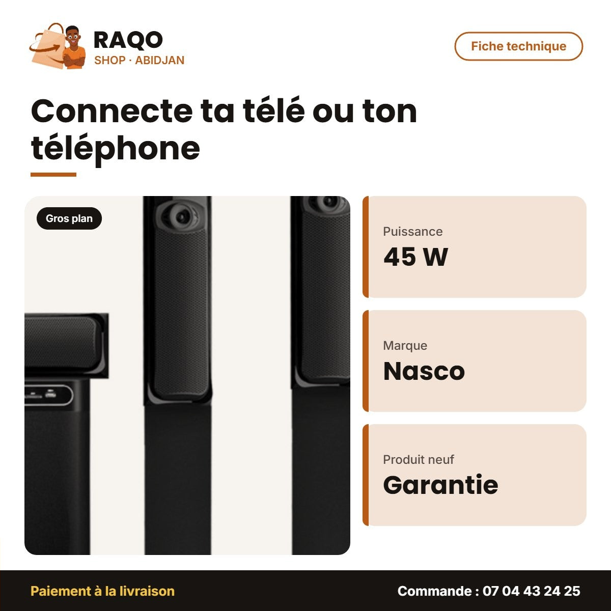 Home Cinema 5.1CH Nasco – 45W Caisson de BASSE+10W X5 Haut-Parl. – Telec | NAS-HT5.1-N2410