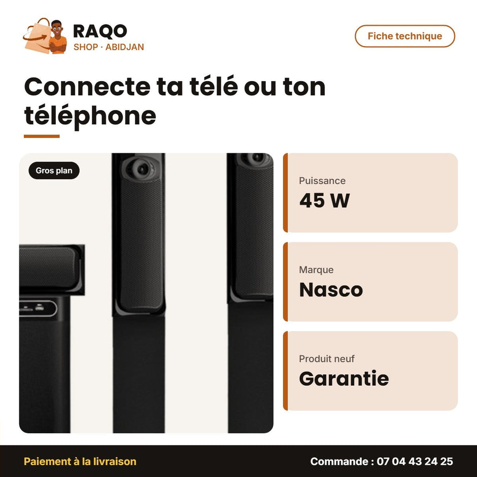 Home Cinema 5.1CH Nasco – 45W Caisson de BASSE+10W X5 Haut-Parl. – Telec | NAS-HT5.1-N2410