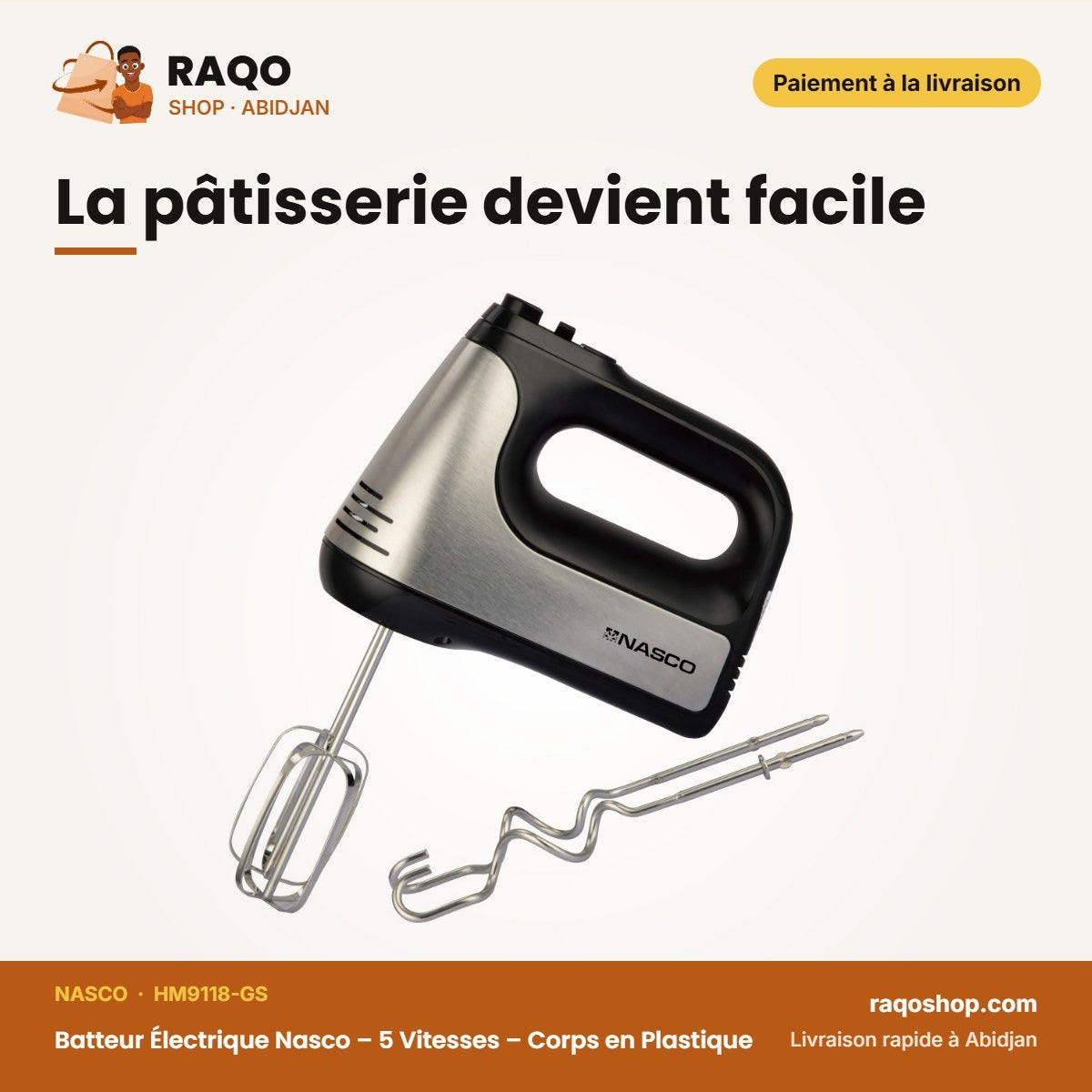 Batteur Électrique Nasco – 5 Vitesses – Corps en Plastique – 400 W | HM9118-GS