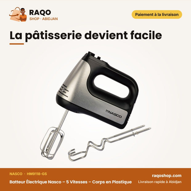 Batteur Électrique Nasco – 5 Vitesses – Corps en Plastique – 400 W | HM9118-GS