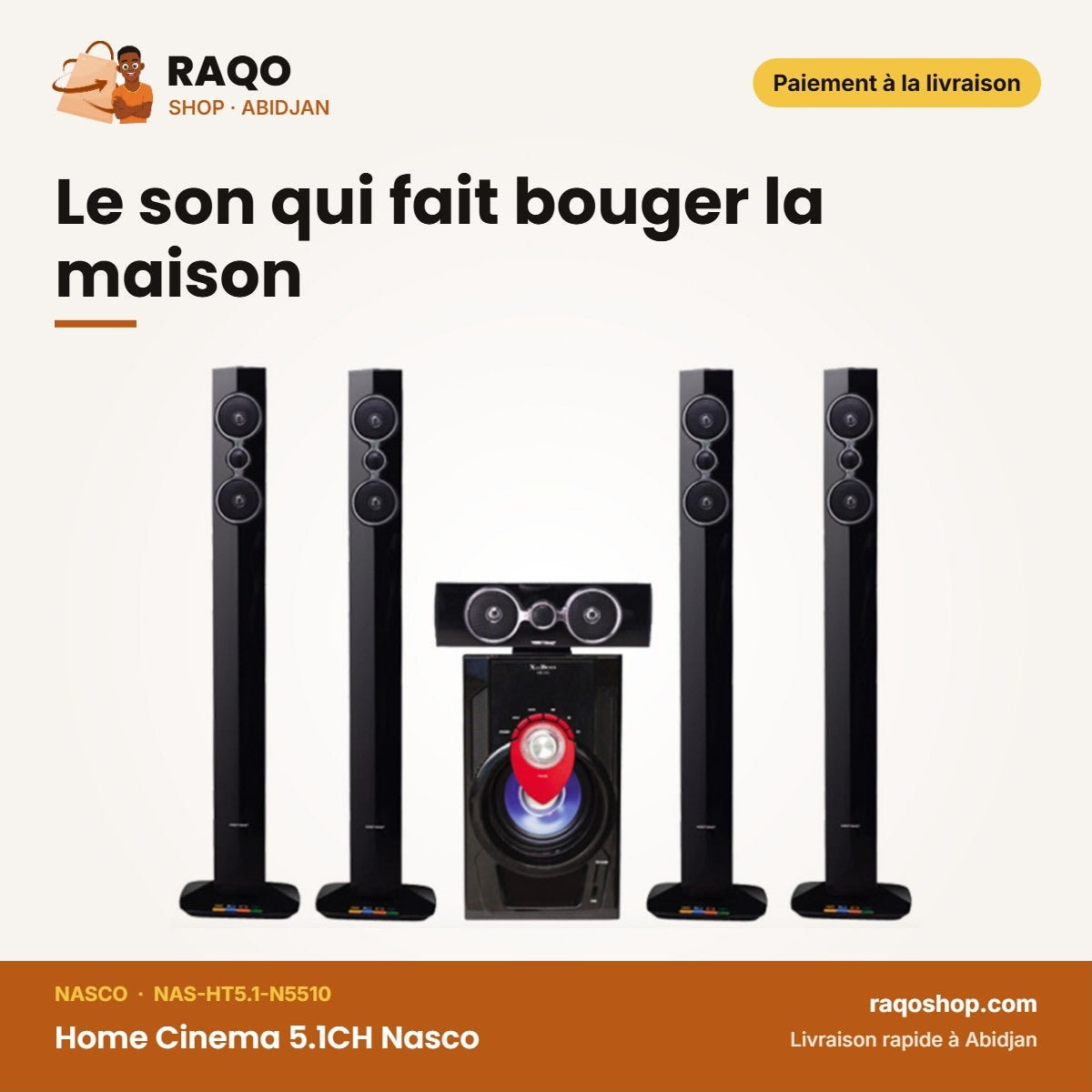 Home Cinema 5.1CH Nasco – 45W Caisson de BASSE+10WX5 Haut-Parl. – Telec. | NAS-HT5.1-N5510