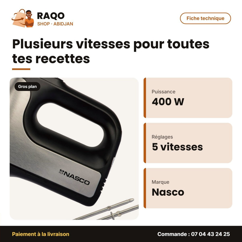 Batteur Électrique Nasco – 5 Vitesses – Corps en Plastique – 400 W | HM9118-GS