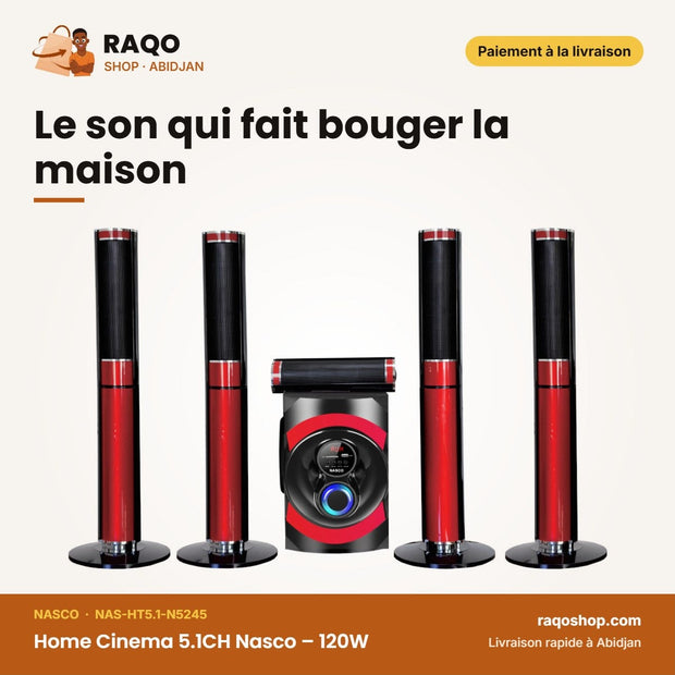 Home Cinema 5.1CH Nasco – 120W – Caisson de BASSE+10WX5 Haut-Parl – Telec. | NAS-HT5.1-N5245