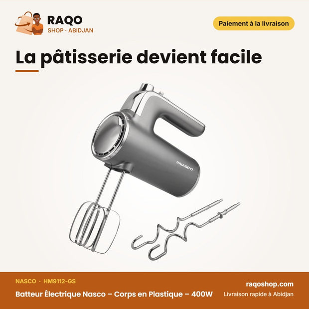 Batteur Électrique Nasco – Corps en Plastique – 400W – Couleur Gris | HM9112-GS