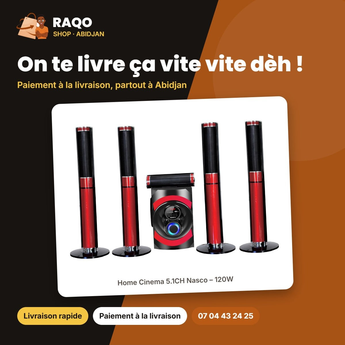 Home Cinema 5.1CH Nasco – 120W – Caisson de BASSE+10WX5 Haut-Parl – Telec. | NAS-HT5.1-N5245