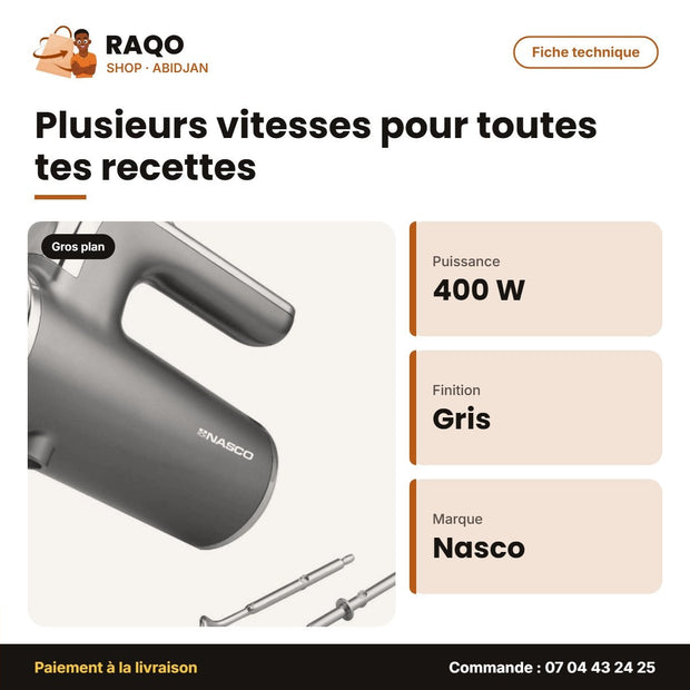 Batteur Électrique Nasco – Corps en Plastique – 400W – Couleur Gris | HM9112-GS