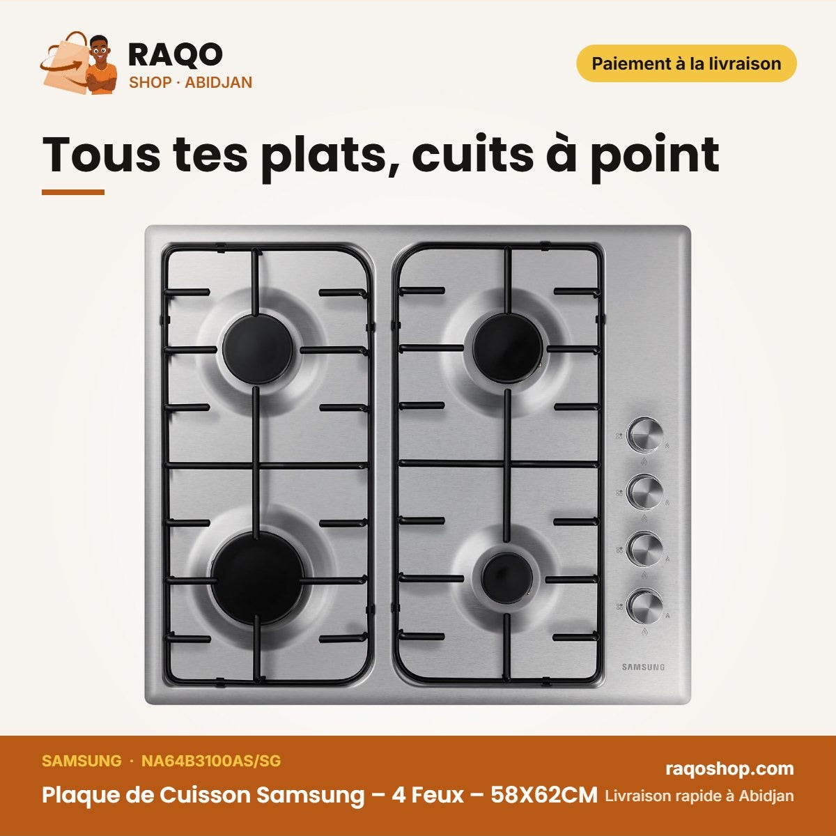 Plaque de Cuisson Samsung – 4 Feux – 58X62CM – Acier Inoxydable | NA64B3100AS/SG