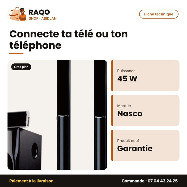 Home Cinema 5.1CH Nasco – 45W Caisson de BASSE+10WX5 Haut-Parl. – Telec. | NAS-HT5.1-N6710