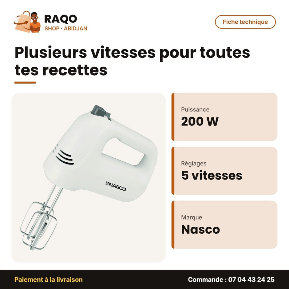 Batteur Électrique Nasco – 5 Vitesses – Corps en Plastique – 200W | HM9122-GS