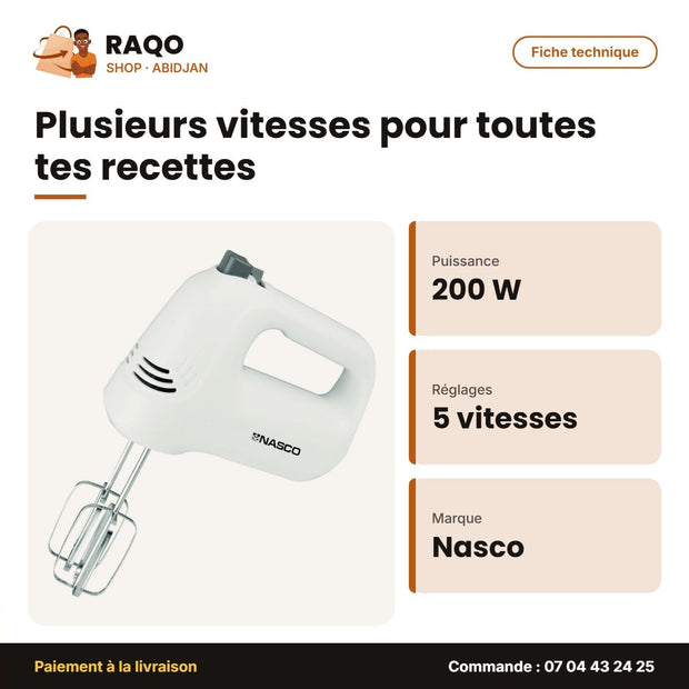 Batteur Électrique Nasco – 5 Vitesses – Corps en Plastique – 200W | HM9122-GS
