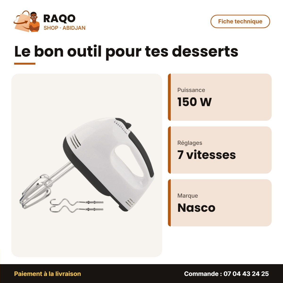 Batteur Électrique à Main Nasco – 7 Vitesses – 150W | NAS-HM218-TMT