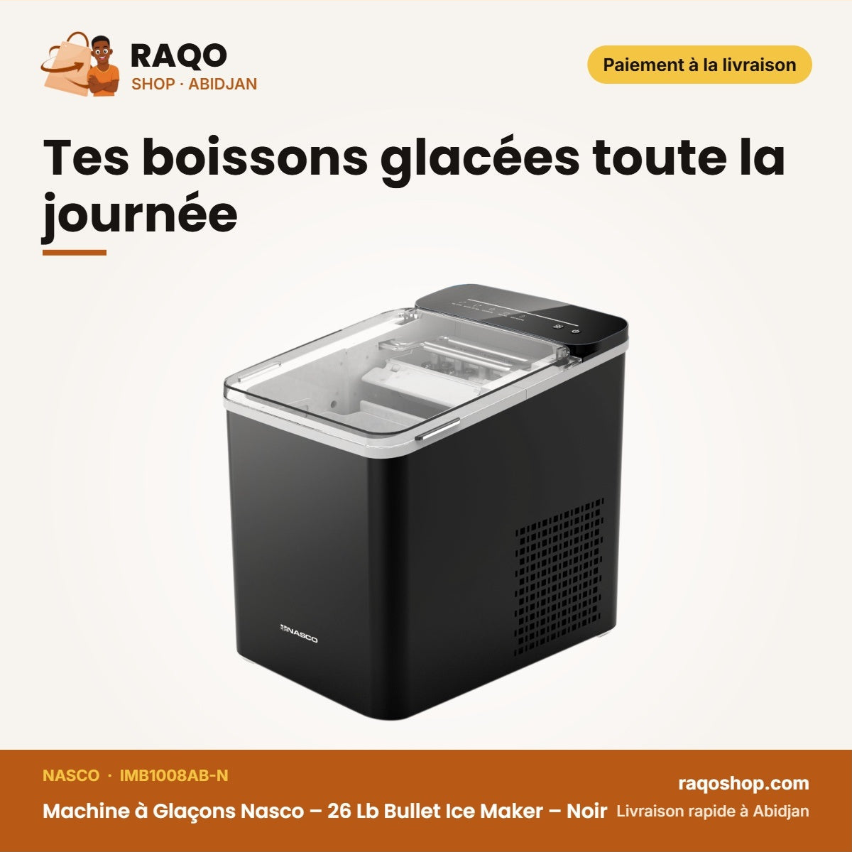 Machine à Glaçons Nasco – 26 Lb Bullet Ice Maker – Noir – 150W | IMB1008AB-N