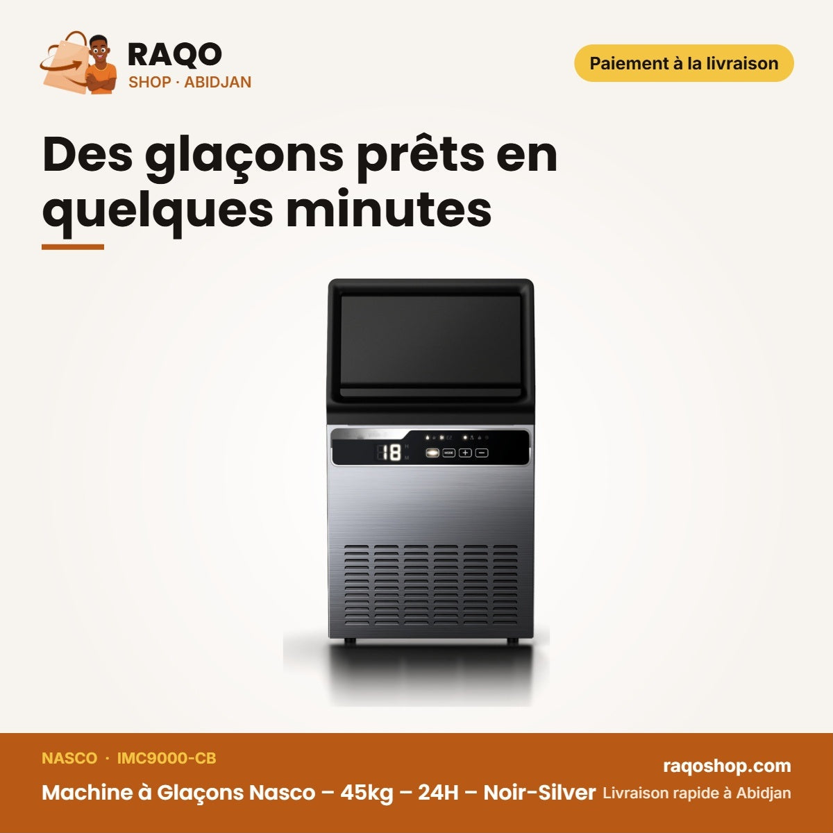 Machine à Glaçons Nasco – 45kg – 24H – Noir-Silver | IMC9000-CB