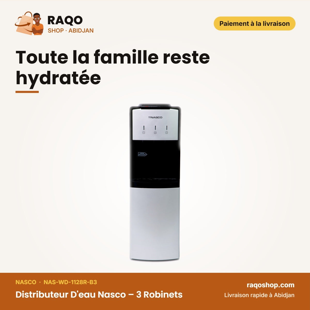 Distributeur D'eau Nasco – 3 Robinets – Avec Cabinet Refrigere – Noir-Argente | NAS-WD-1128R-B3