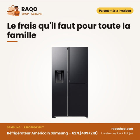 Réfrigérateur Américain Samsung – 627L(409+218) – 2 PORTES+1 Ouv. – Noir Metal | RS80F65G3FUT