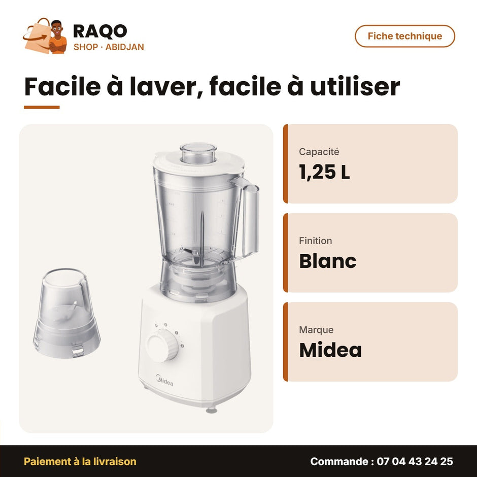 Mixeur Midea – Blanc – 1.25 L – Bocal de Broyage | MJ-BL6010W