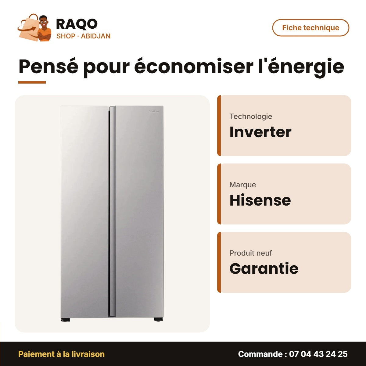 Réfrigérateur Américain Hisense – 2 Portes – Inverter – No Frost | RS3P428NEDE