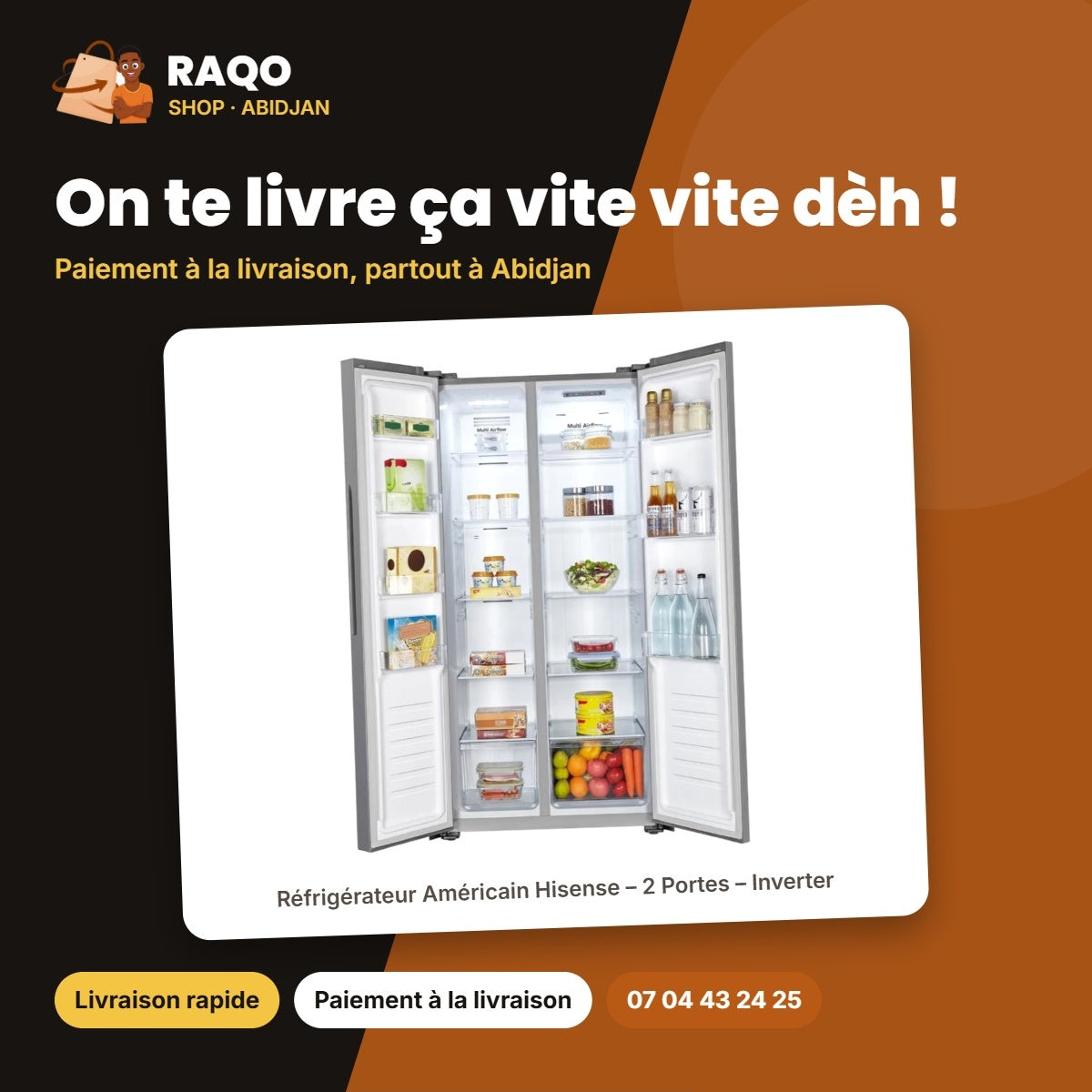 Réfrigérateur Américain Hisense – 2 Portes – Inverter – No Frost | RS3P428NEDE