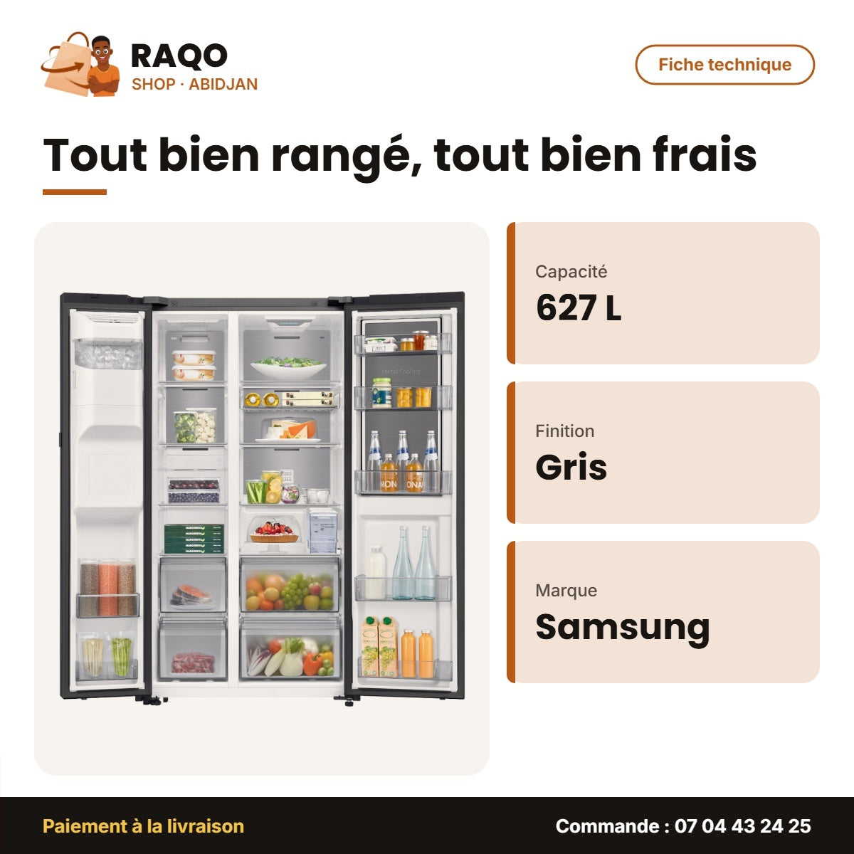 Réfrigérateur Américain Samsung – 627L(409L+218L) – 2 PORTES+1 Ouverture – Gris | RS80F65G4FGH