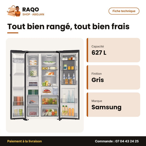 Réfrigérateur Américain Samsung – 627L(409L+218L) – 2 PORTES+1 Ouverture – Gris | RS80F65G4FGH