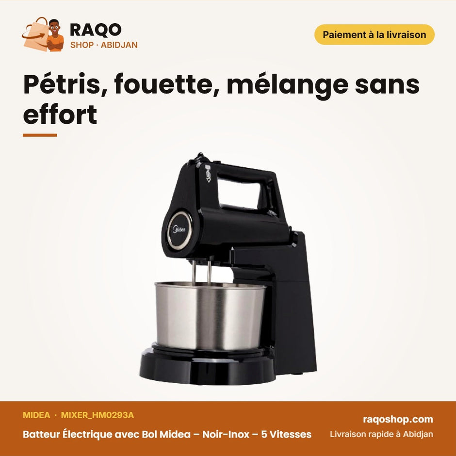 Batteur Électrique avec Bol Midea – Noir-Inox – 5 Vitesses – 400W | MIXER_HM0293A