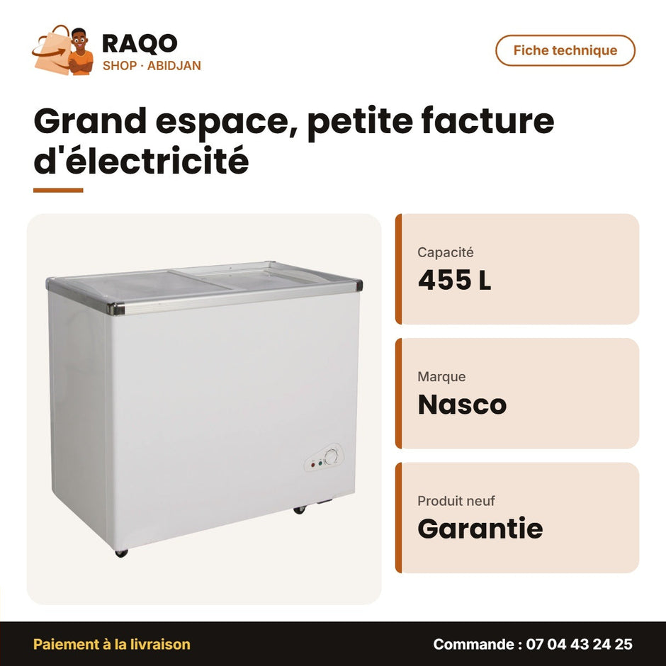 Congélateur Horizontal Nasco – 455L – Vitré – 2 Portes Couliss. | NAS-FS455FL