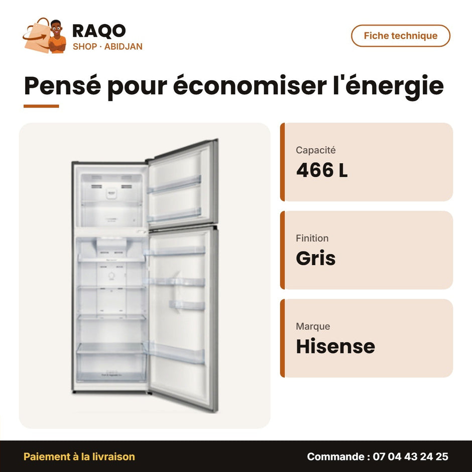 Réfrigérateur Hisense 466L (366LT+100LT) – Gris – A+ – No Frost | RD-60WR