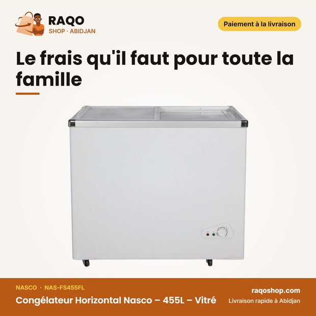 Congélateur Horizontal Nasco – 455L – Vitré – 2 Portes Couliss. | NAS-FS455FL