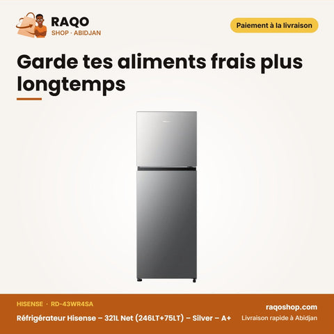 Réfrigérateur Hisense – 321L Net (246LT+75LT) – Silver – A+ | RD-43WR4SA