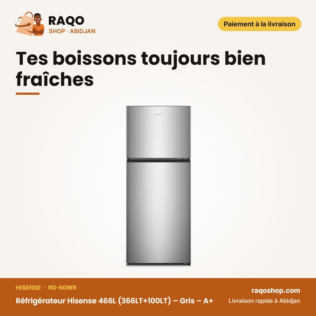 Réfrigérateur Hisense 466L (366LT+100LT) – Gris – A+ – No Frost | RD-60WR