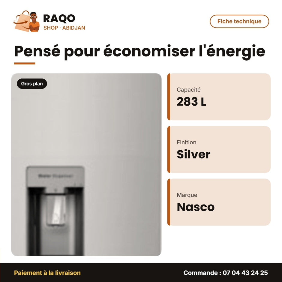Réfrigérateur Combiné Nasco – 283L (194L+89L) – 3 Tiroirs – Silver | SNASD2-440WD