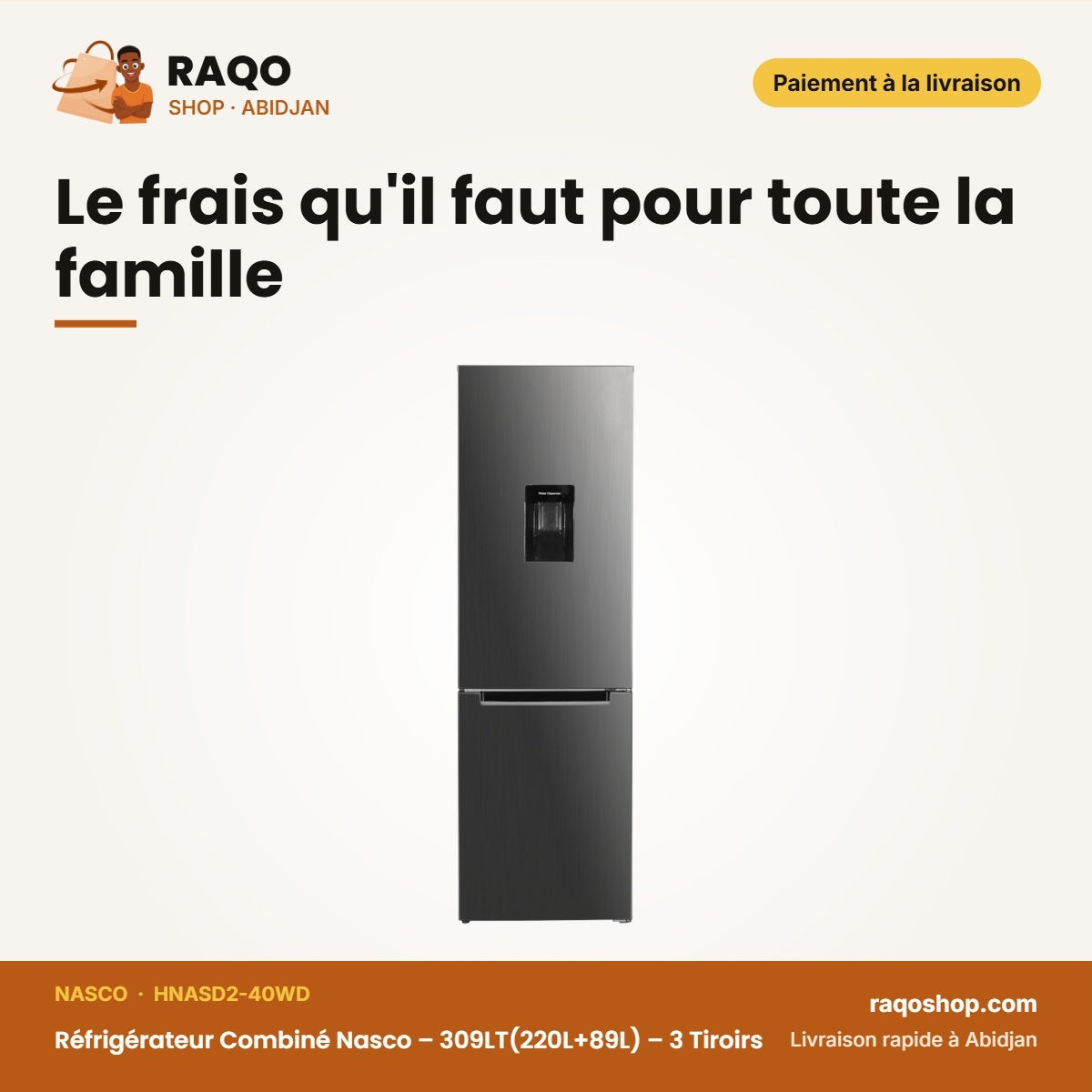 Réfrigérateur Combiné Nasco – 309LT(220L+89L) – 3 Tiroirs – Silver | HNASD2-40WD