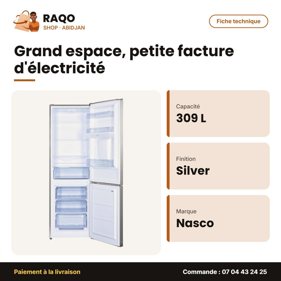 Réfrigérateur Combiné Nasco – 309LT(220L+89L) – 3 Tiroirs – Silver | HNASD2-40WD