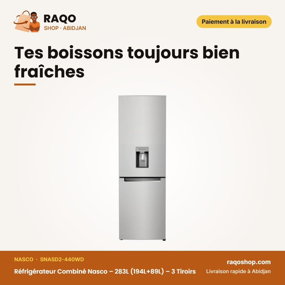 Réfrigérateur Combiné Nasco – 283L (194L+89L) – 3 Tiroirs – Silver | SNASD2-440WD