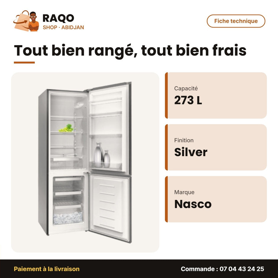 Réfrigérateur Combiné Nasco – 273L Net – Silver – 3 Tiroirs | SNASD2-400WD