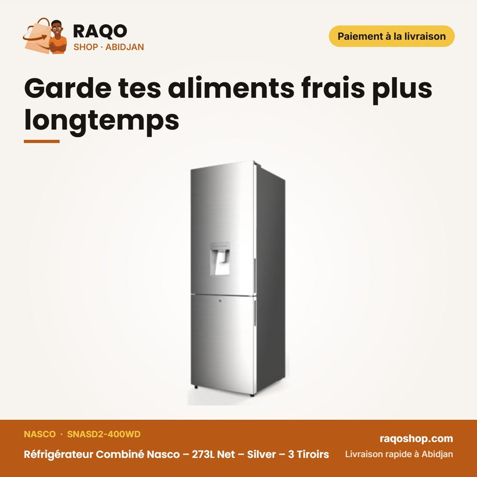 Réfrigérateur Combiné Nasco – 273L Net – Silver – 3 Tiroirs | SNASD2-400WD