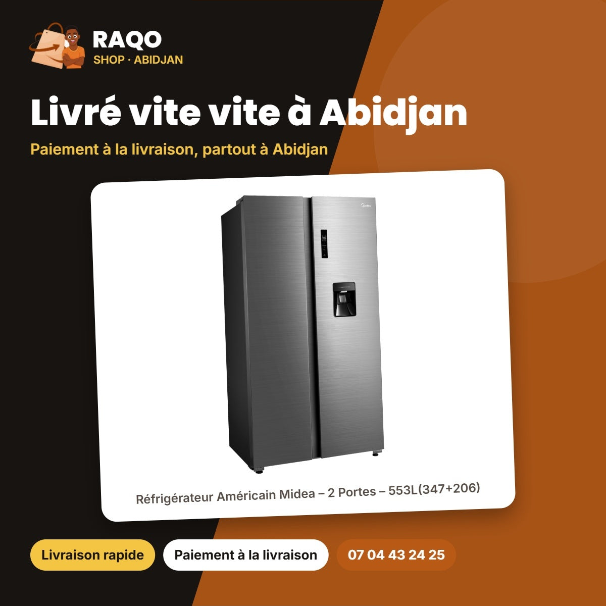 Réfrigérateur Américain Midea – 2 Portes – 553L(347+206) – Brossé Steel | MDRS710FGF46D