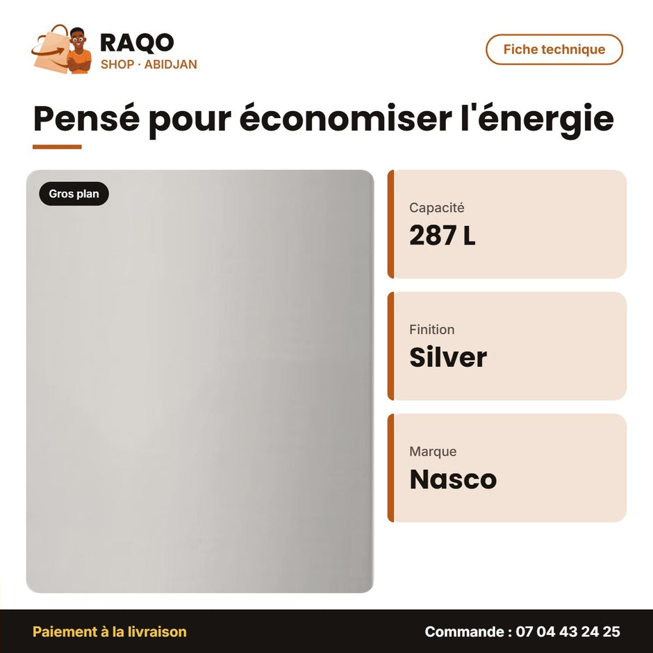 Réfrigérateur Combiné Nasco – 287L(198L+89L) – Silver – 3 Tiroirs | SNASD2-440