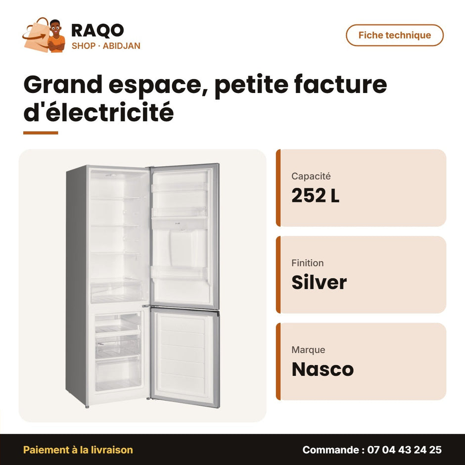 Réfrigérateur Combiné Nasco – 252L – 2 TIROIRS+1CASIER – Silver | HNASD2-35WD